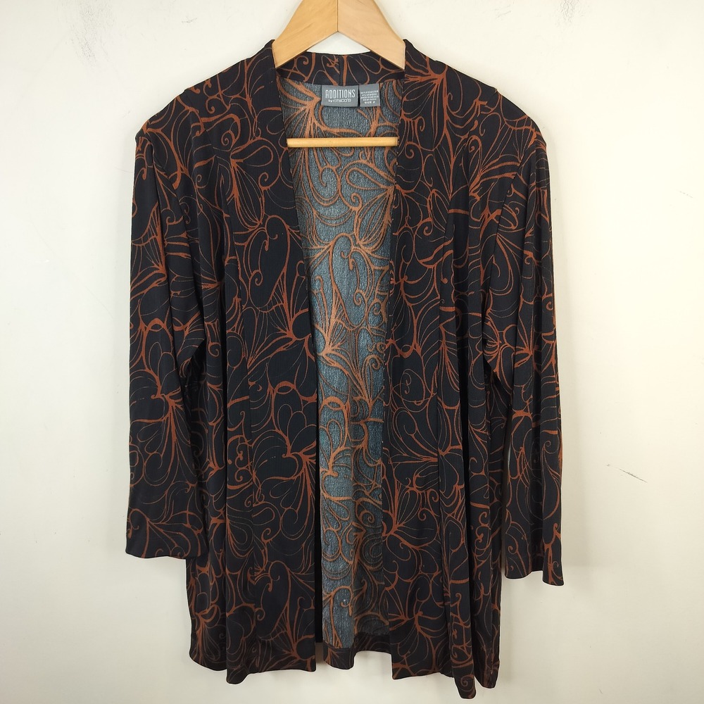 Chico's Additions Open Front Cardigan 2 / Large Womens Floral  Black Brown